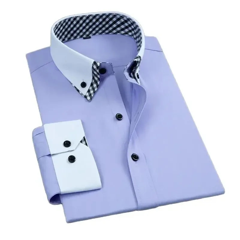 Men's Business Dress Shirt Long Sleeve Non Iron Fashion Double Layer Formal Regular Fit Office Camisa Social Solid Button Shirts