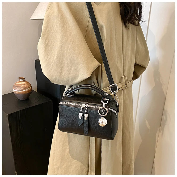 Classic Black Square Handbags for Women Autumn New Versatile Small Single Shoulder Crossbody Bags with Elegant Ball Pendant