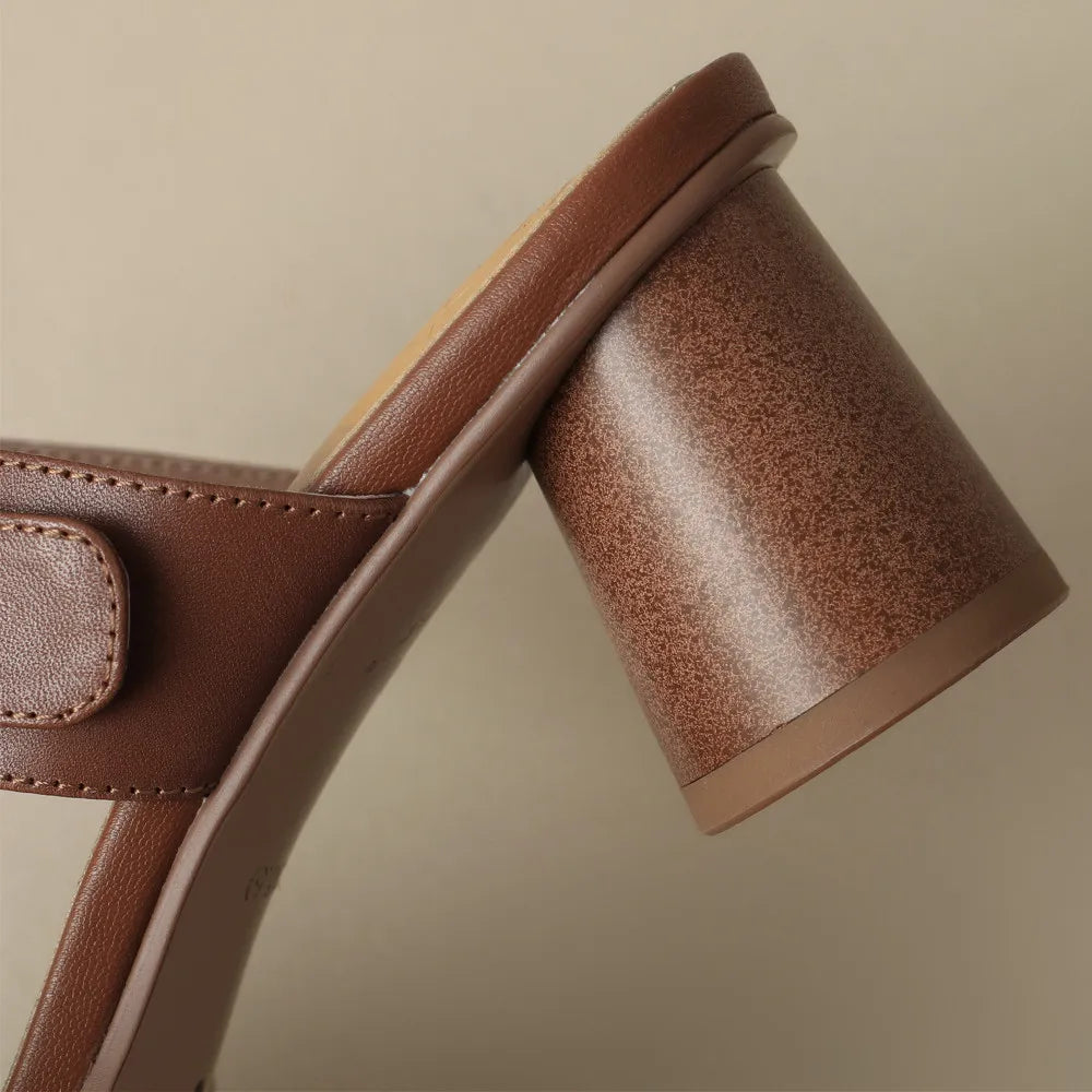 Women's sandals summer 2023 cow leather double metal belt 5.5cm thick med heel slip-on slippers elegant ladies slim daily pumps
