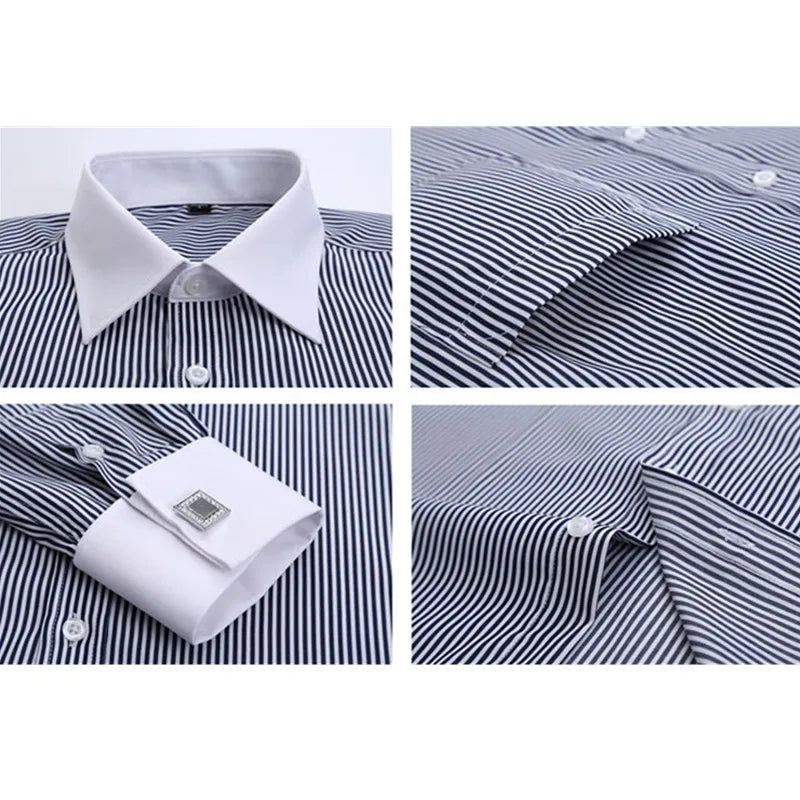 Men's Blue Long-sleeved Dress Shirts, Single-breasted Lapel Vertical Striped Shirt Men, White,Purple,Black,Pink,Yellow Optional
