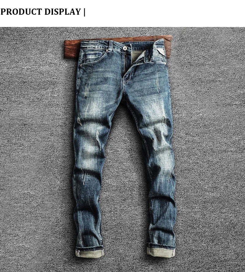 Italian Style Fashion Men Jeans Retro Blue Elastic Slim Fit Ripped Jeans Men Trousers Vintage Designer Casual Denim Pants Hombre
