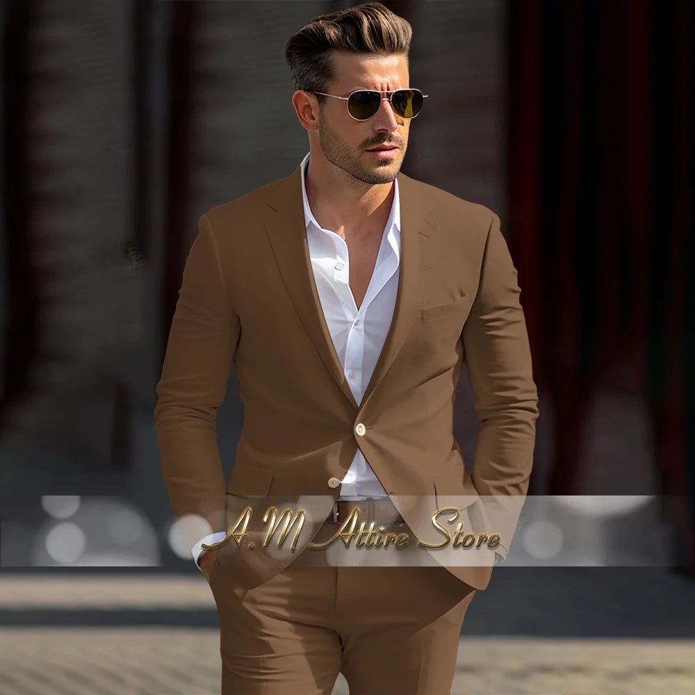 Men's linen suit 2-piece peak lapel jacket pants for summer beach wedding groom prom party tailor-made casual formal outfit