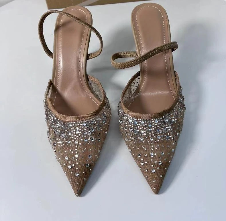 2025 Women's High Heeled Sandals Transparent Pointed Toe Elegant Ladies Fashion Shoes Pearl Decoration Slingback Sandal Size 42