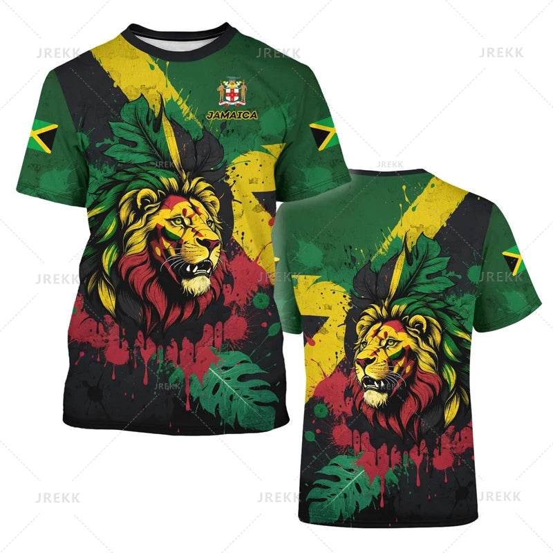 Jamaica Flag Graphic T-Shirt Men's Lion 3d Printed Crewneck Short Sleeve Casual Sports Tops Tees Summer Oversized T Shirts
