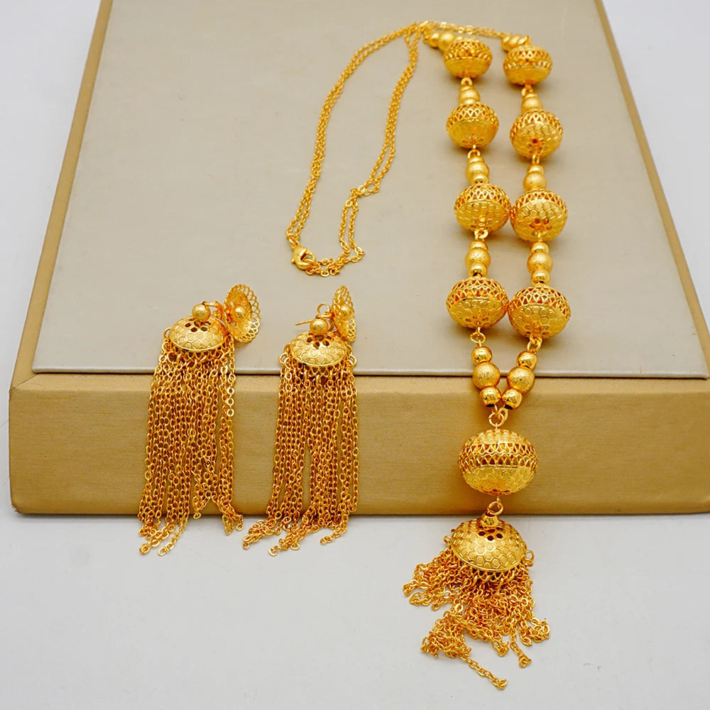 Luxury Dubai Jewelry Sets High Quality Tassel Unique Design African Chain Wedding Long Necklace Earrings Jewelry Set