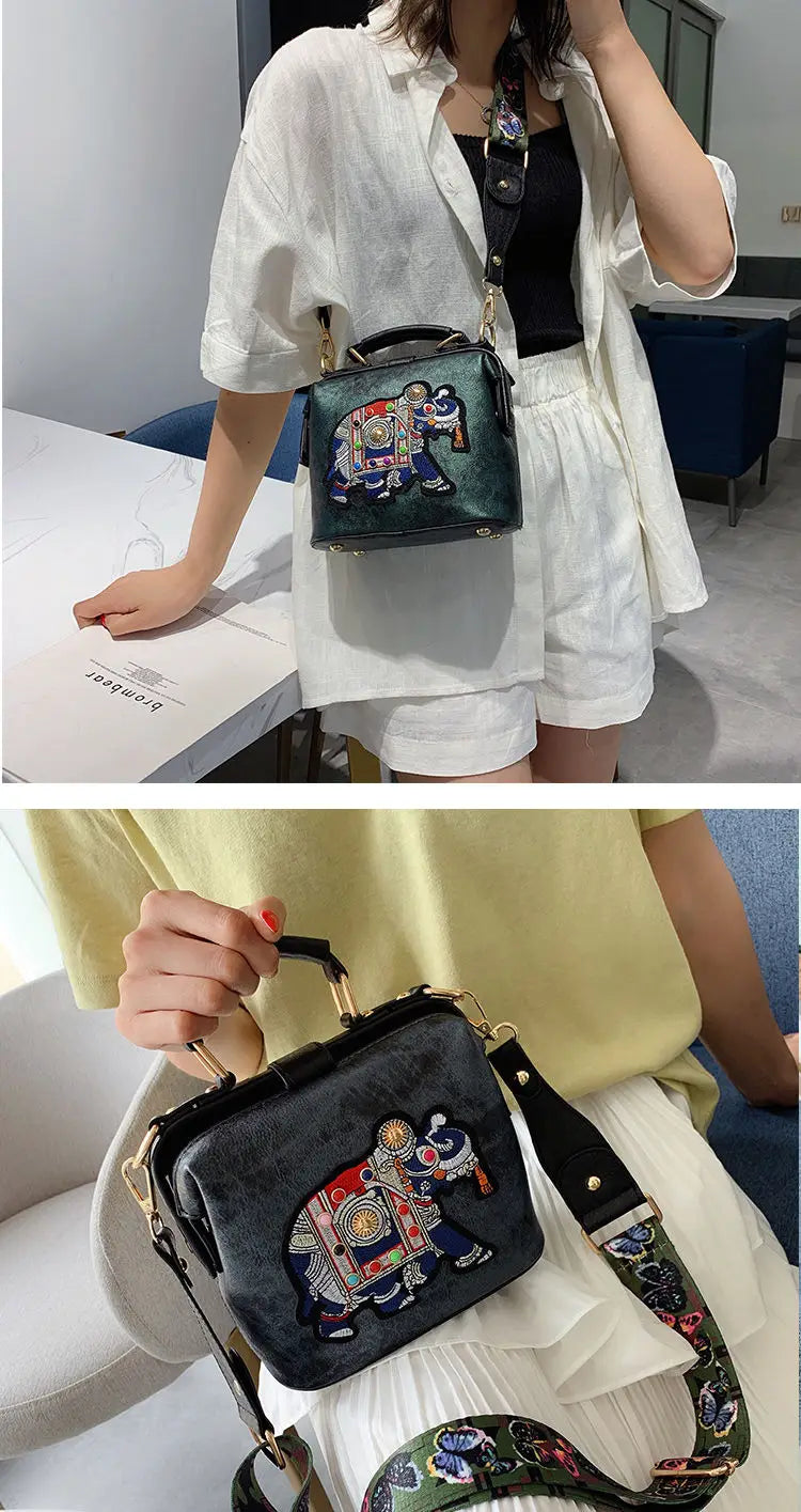 Women Leather Handbag Messenger Bag Purses Satchels Designer Luxury Handbags Crossbody Bags Elephant Embroidered Bags 2023 New