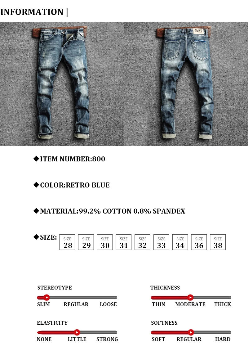 Italian Style Fashion Men Jeans Retro Blue Elastic Slim Fit Ripped Jeans Men Trousers Vintage Designer Casual Denim Pants Hombre