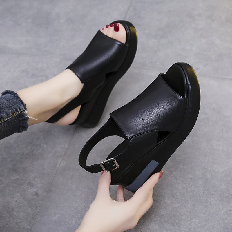 Summer Wedge Shoes for Women Sandals Solid Color Open Toe High Heels Casual Ladies Buckle Strap Fashion Female Sandalias Mujer