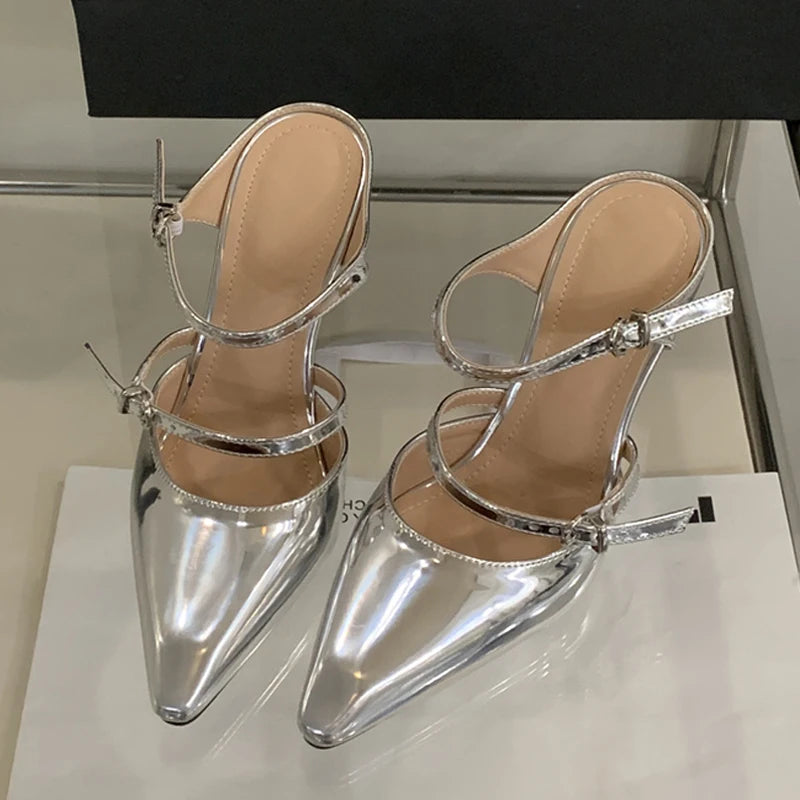 Liyke New Fashion Transparent Wedge Slippers Women Pumps Patent Leather Pointed Toe Buckle Strap Designer High Heels Mules Shoes