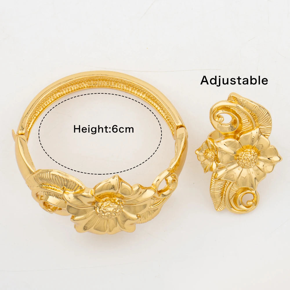 4Set Luxury Bangle Ring For Women Dubai Gold Color Bracelet France Jewelry Set Arabic African Adjustable Ring Party Wedding Gift