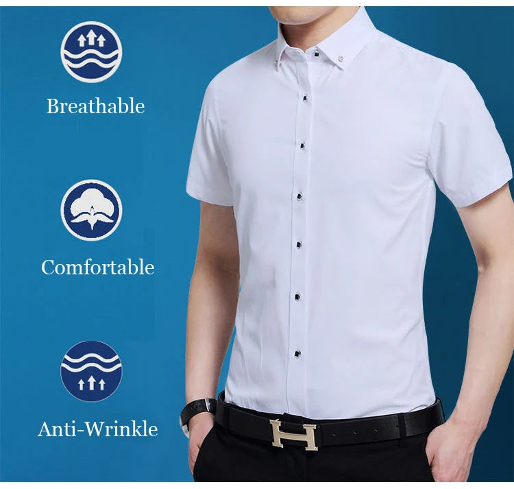 High Quality Non-ironing Mens Dress Shirt Short Sleeve New Solid Male Clothing Fit Business Shirts White Black Blue Navy Red
