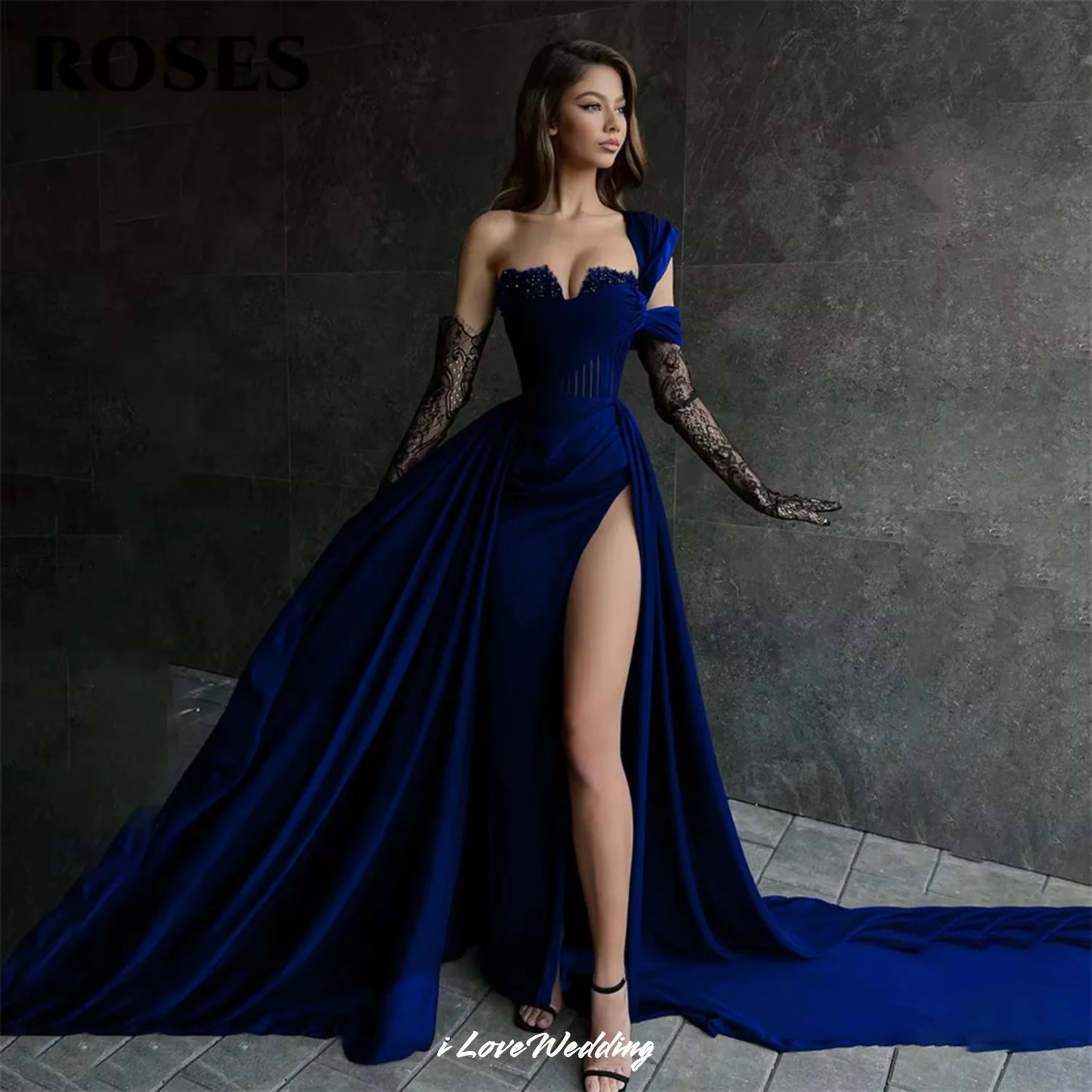 Red Soft Stain Evening Dresses One Shoulder 2025 Prom Dresses Sweetheart Side Split Detachable Lace Sleeve Dress Customized