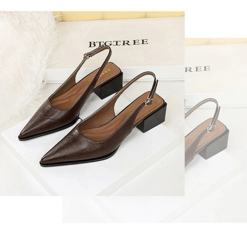 Simple And High-End Women's Shoes With Thick Heels Shallow Mouth Pointed Toe Slim Pedicures With Empty Back Tripping Mid-Heeled