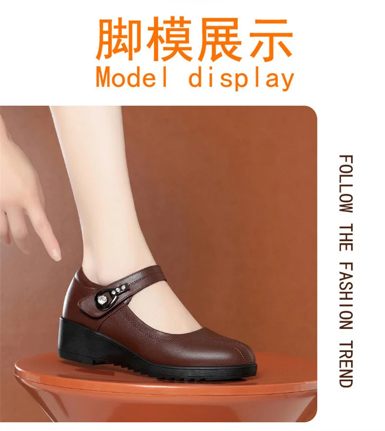 Women's Wedge Anti-slip  Ankle Strap Casual Office Comfortable Soft Leather Shallow Mouth Mom Shoes  Middle-aged Elderly
