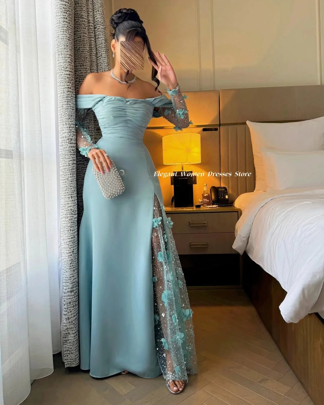Women‘s Evening Dresses with Appliques Sky Blue Prom Dress Sexy Slit Party Dress vestidos de fiesta elegantes Customized