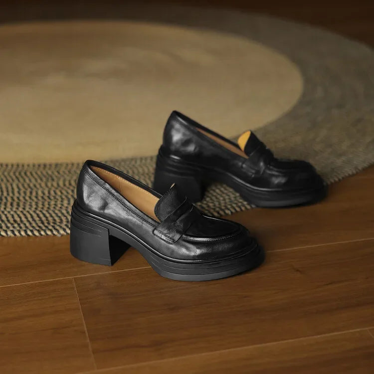 Women Chunky Heel Genuine Leather Wedge Shoes Woman Platform Pumps Female High Heel Zapatos Mujer Handmade thick sole Loafers