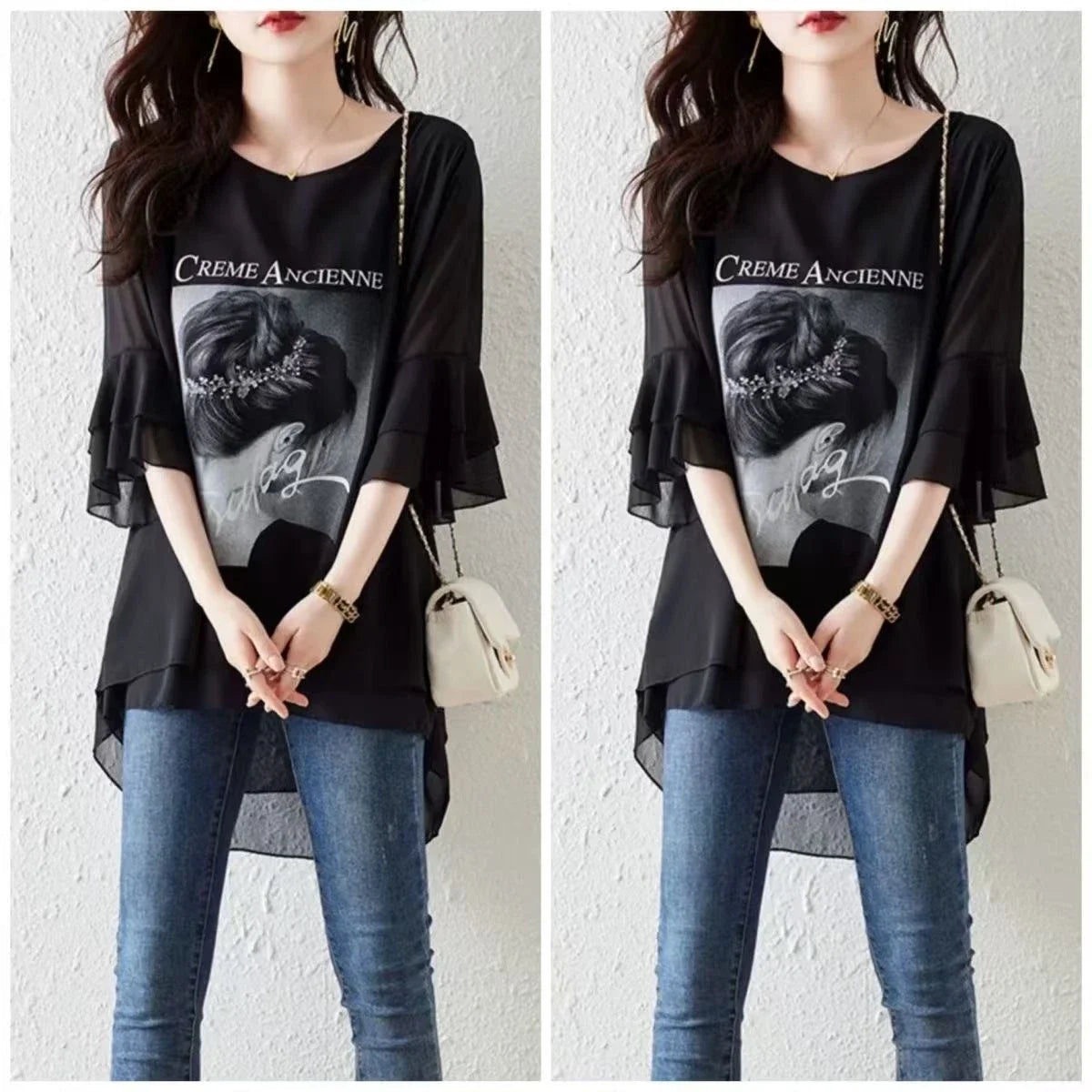 Elegant Women Blouse With Vintage Print And Ruffled Sleeves Loose Fit O Neck Top For Summer Casual Wear