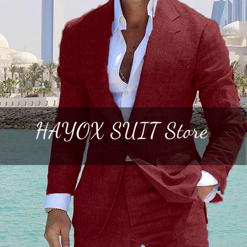 Men's Suit 2 Piece Set Linen Lapel Slim Fit Single Button Casual Comfortable Suit Formal Groom Best Man Dress Elegant and Stylis