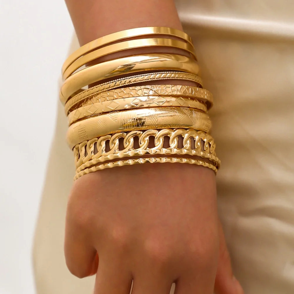 10pcs/set Metal Bangles Set For Women Heavy Punk New Styles Hiphop Textured Fashion Bracelets Jewelry Accessories