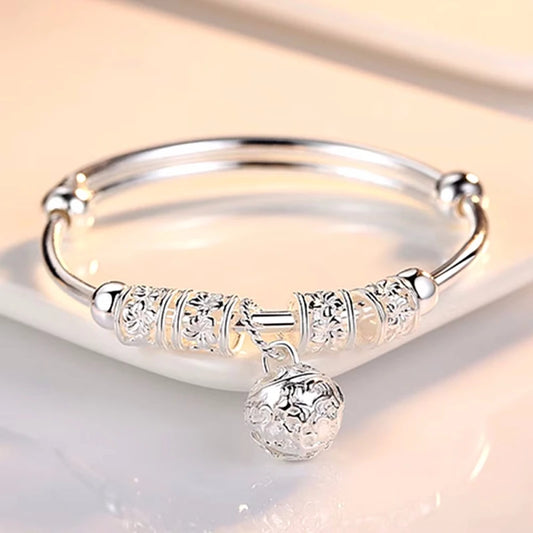 Fine 925 Sterling Silver Hollow Bells Ball Bangles Adjustable Bracelets for Women Fashion Holiday Gifts Party Wedding Jewelry