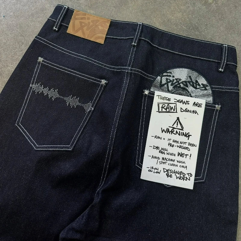 Vintage Black Denim Jeans Trendy Disc Embroidery Men And Women Wide Leg Pants Hip Hop Harajuku Streetwear Casual Baggy Jeans