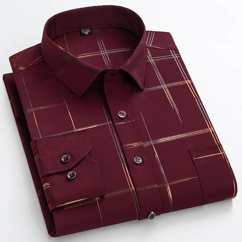 Men's Dress Shirts Spring Autumn Latest Hot Sale Non-iron Anti-wrinkle Business Casual Print Thin Plaid Slim Fit chemise homme