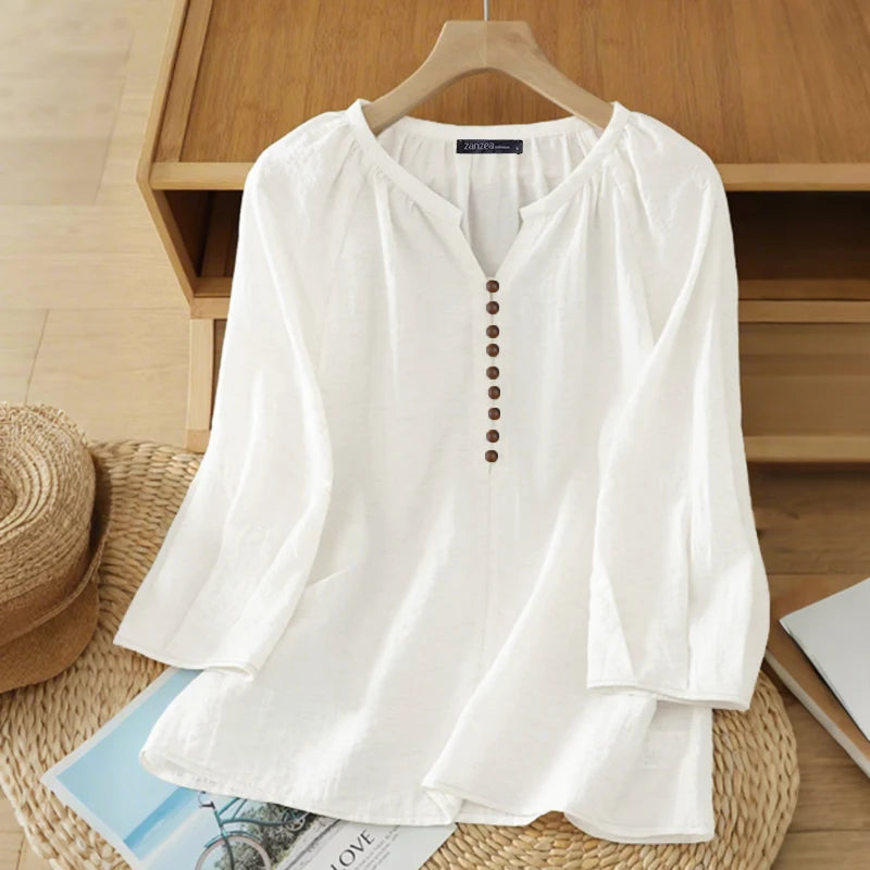 Women Blouse ZANZEA 2026 Spring Summer Shirt Casual V-Neck 3/4 Sleeve Solid Tops Female Mujer Elegant OL Work Blouses Oversize