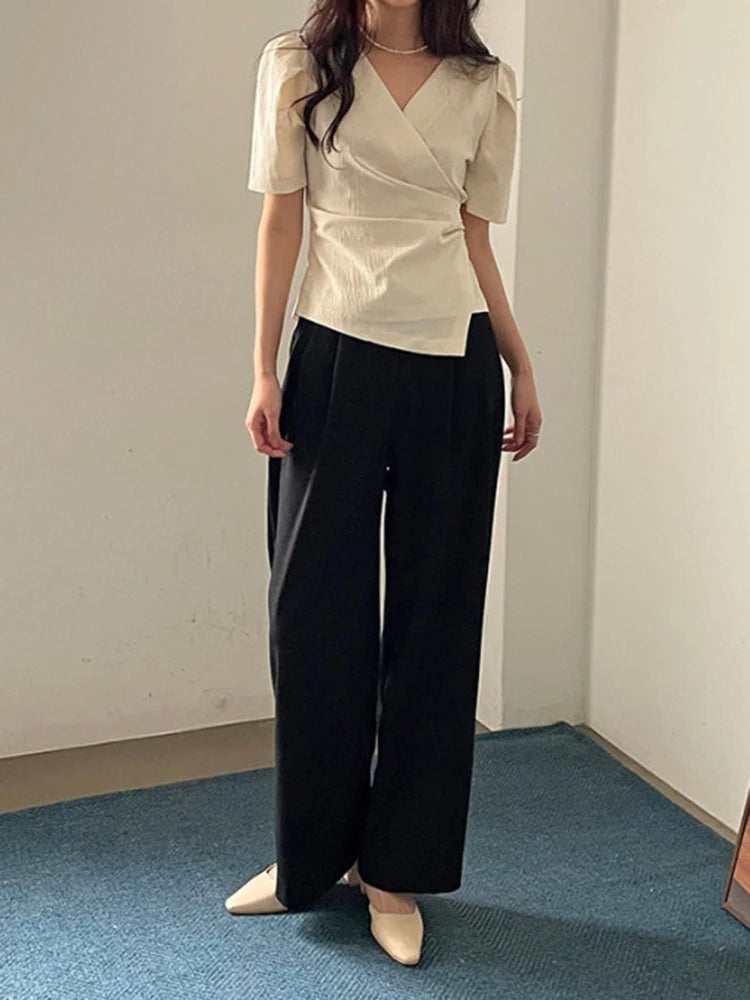Women Blouse 2026 Spring Summer Solid Tucked V Neck Slim Blouse Elegant Short Sleeve Asymmetrical Top For Women Hot Sale
