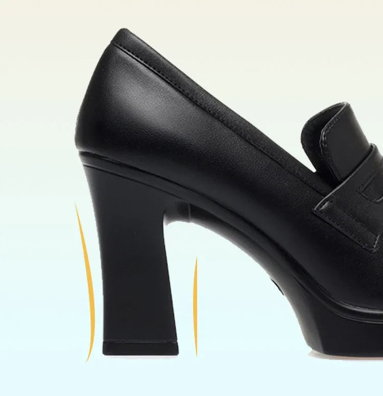 High Heels for Women 2025 Spring Slip on Pointed Toe Platform Heels Chunky Loafers Woman Black PU Leather Uniform College Shoes