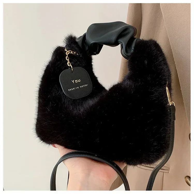 Women Faux Fur Plush Handbags Ruched Handle Small Lady Shoulder Crossbody Bag Casual Tote Half-Moon Hobos Winter Bags for Women
