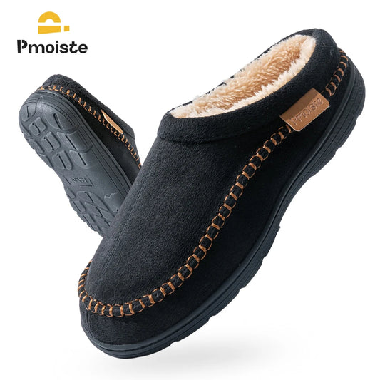 Pmoiste Soft Faux Suede House Slippers Men Comfortable Warm Cushion Designer Mark Line Living Room Shoes Slip-on Winter Indoor