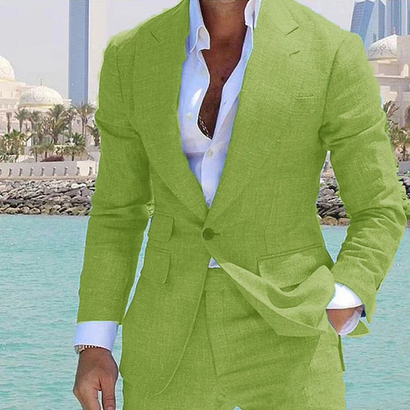 Men's Suit 2 Piece Set Linen Lapel Slim Fit Single Button Casual Comfortable Suit Formal Groom Best Man Dress Elegant and Stylis