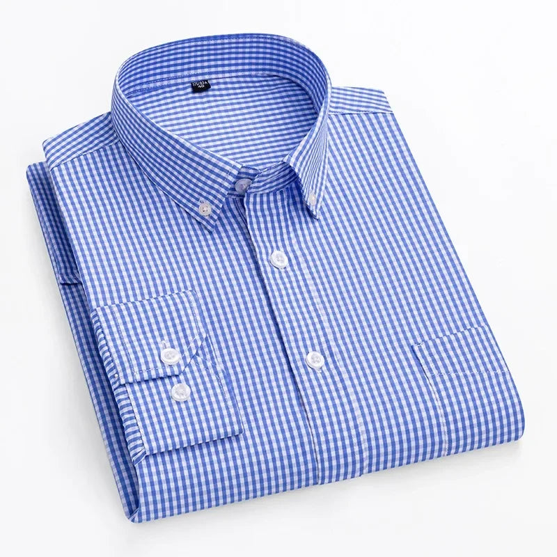 Thin Spring Summer 100% Cotton Shirts for Men Long Sleeve Checkered Dress Shirt Mens Blue Green  Men Clothing  Button Up Shirt