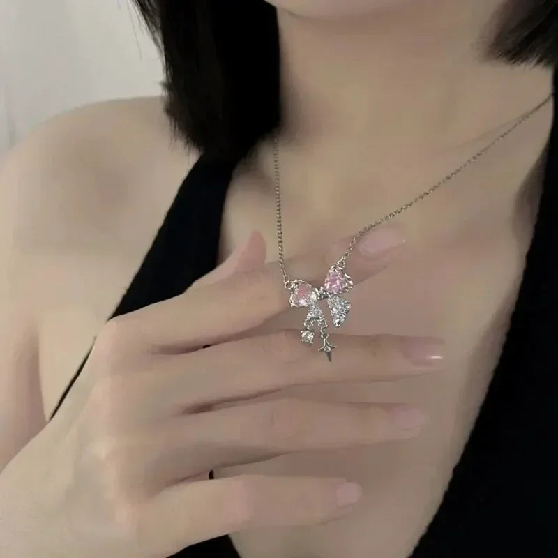 2pcs Set Fashion Bowknot Necklace Rings Set Crystal Bow Knot Pendant Necklaces Adjustable Bow Rings Fairy Shiny Pink Jewelry