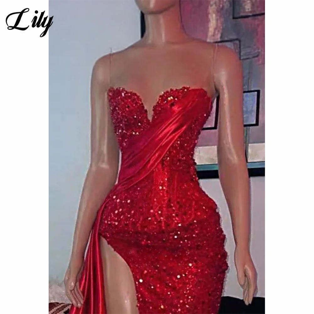 Lily Red Shiny Formal Dresses Sequined Sweetheart Neckline Satin-Drape Party Dresses with High Slit and Lace-Up Back Customized