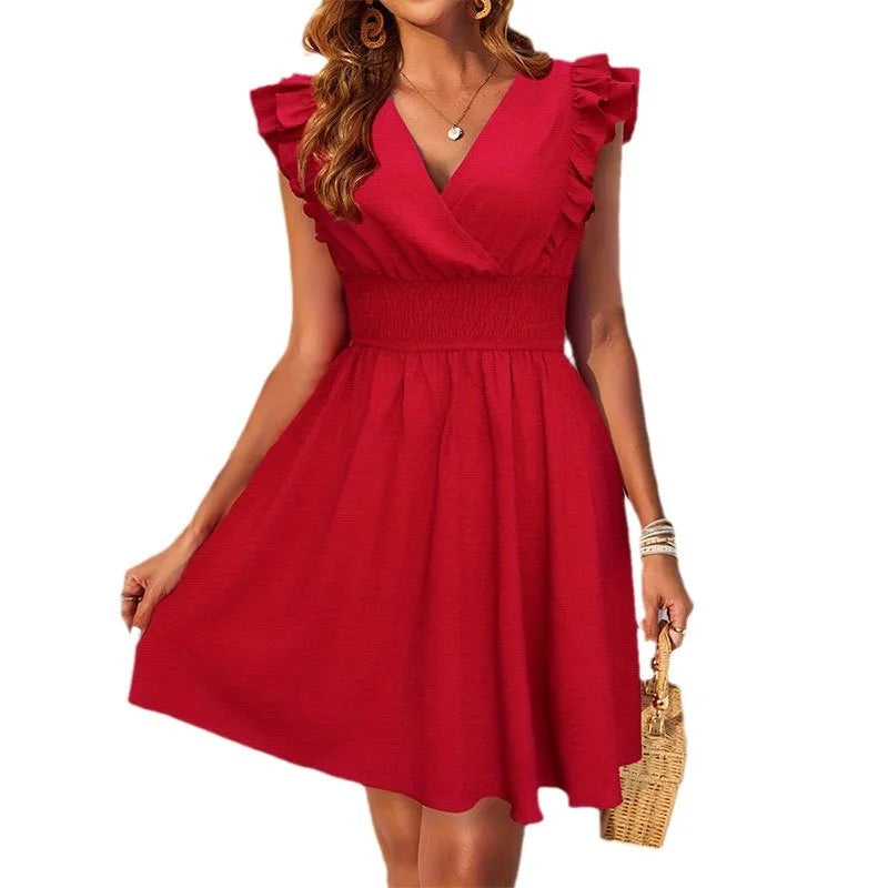 Elegant Red Mini Dresses For Women SummerCasual Slim Red Sleeveless Holiday Beach DressFashion V Neck A-line New In Dresses 2024