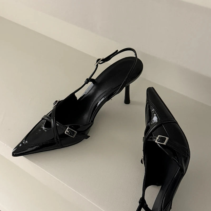 2026 New Women's Sandals Fashionable Buckle Designer Summer Elegant Pointed Toe High Heels Outdoor Banquet Open-Heel Shoes