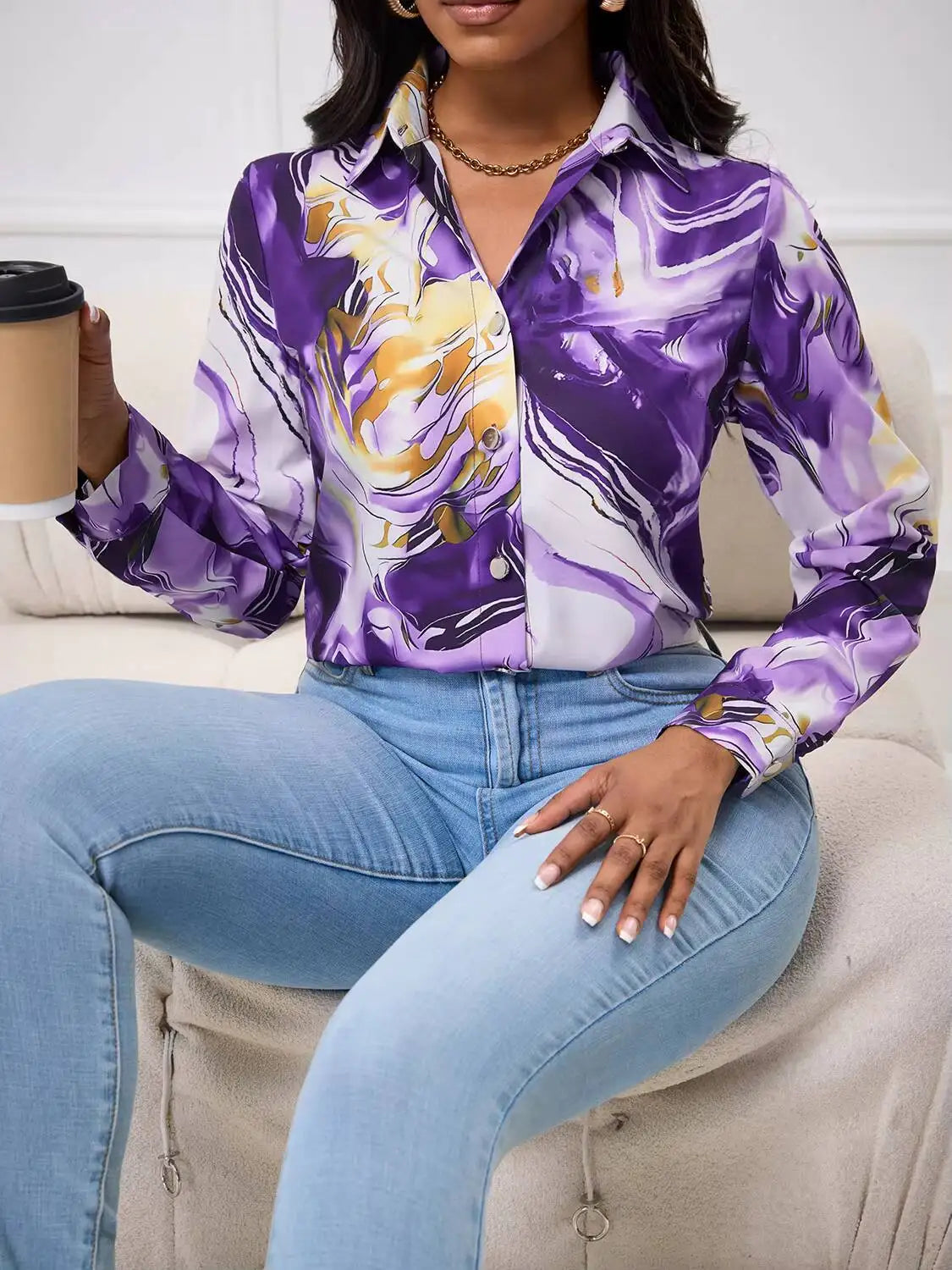 Women's Blouse Spring Summer Purple Gold Marble Print Collar Front Button Long Sleeve Satin Luxury Elegant Daily Office Top