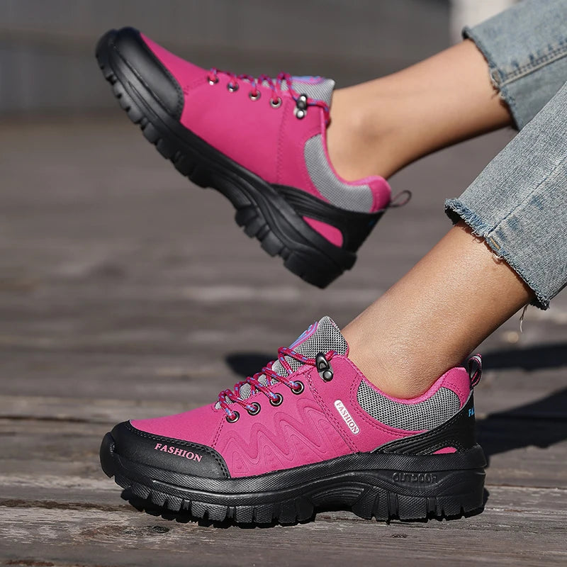 Ladies' Outdoor Hiking Shoes with Black and Pink Non Slip Soles Fashionable Sports Shoes Breathable Mesh Running Hiking Boots