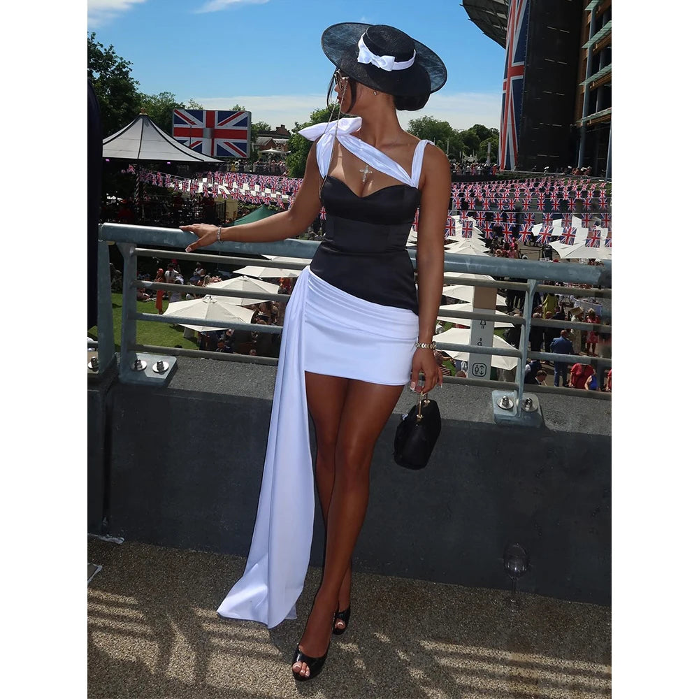 Black White Cocktail Dresses for Women Sweetheart Sheath Mini Cocktail Gowns Column Sleeveless Asymmetrical Sexy Party Dress