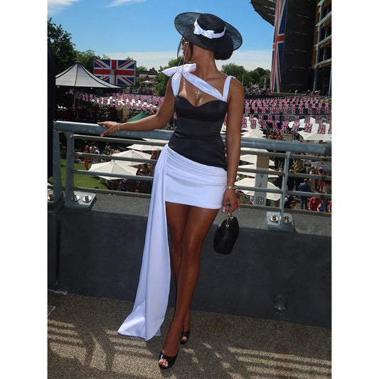 Black White Cocktail Dresses for Women Sweetheart Sheath Mini Cocktail Gowns Column Sleeveless Asymmetrical Sexy Party Dress