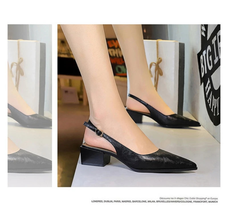 Simple And High-End Women's Shoes With Thick Heels Shallow Mouth Pointed Toe Slim Pedicures With Empty Back Tripping Mid-Heeled