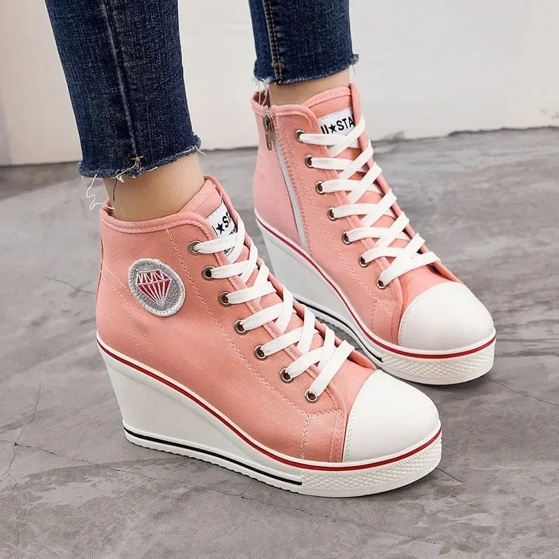 Wedge Heel Casual Shoes for Women New Canvas Shoes Side Zipper High Heel Lace Up Shoes Woman's Heightening Platform Sneakers