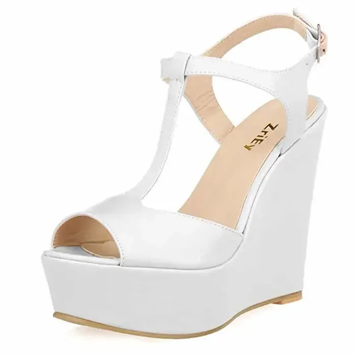 Women Wedge Sandals 2026 New Summer 14cm Open Toe Sexy Ankle Strap High Heels Patent Leather Platform Pumps Party Wedding Shoes