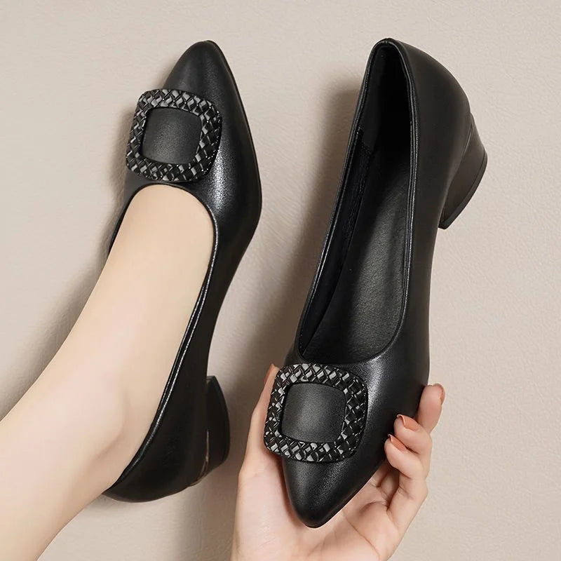 Women's Heeled Pumps—PU Leather Slip-On Dress Shoes, Lightweight Walking Shoes, Suitable for Mothers, Office Wear, and Everyday