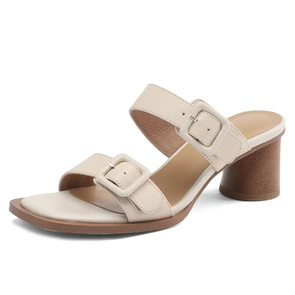 Women's sandals summer 2023 cow leather double metal belt 5.5cm thick med heel slip-on slippers elegant ladies slim daily pumps