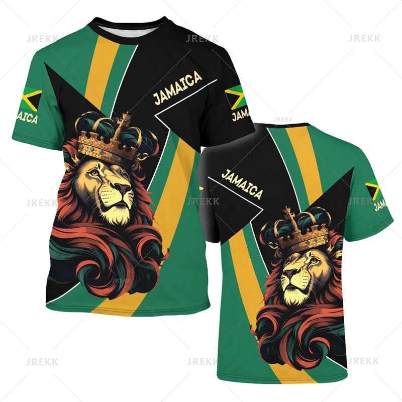 Jamaica Flag Graphic T-Shirt Men's Lion 3d Printed Crewneck Short Sleeve Casual Sports Tops Tees Summer Oversized T Shirts