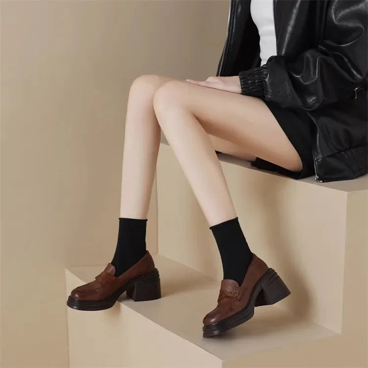 Women High Heel Shoes 2025 Retro Spring Autumn Performance Causal Women's Loafers Fashion Versatile Pumps Ladies Leather Shoes