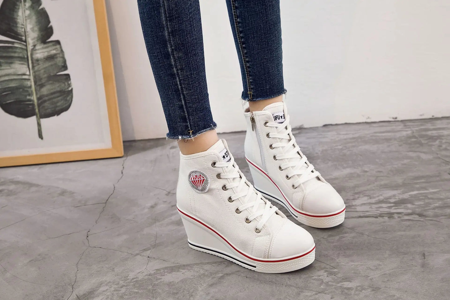 Wedge Heel Casual Shoes for Women New Canvas Shoes Side Zipper High Heel Lace Up Shoes Woman's Heightening Platform Sneakers