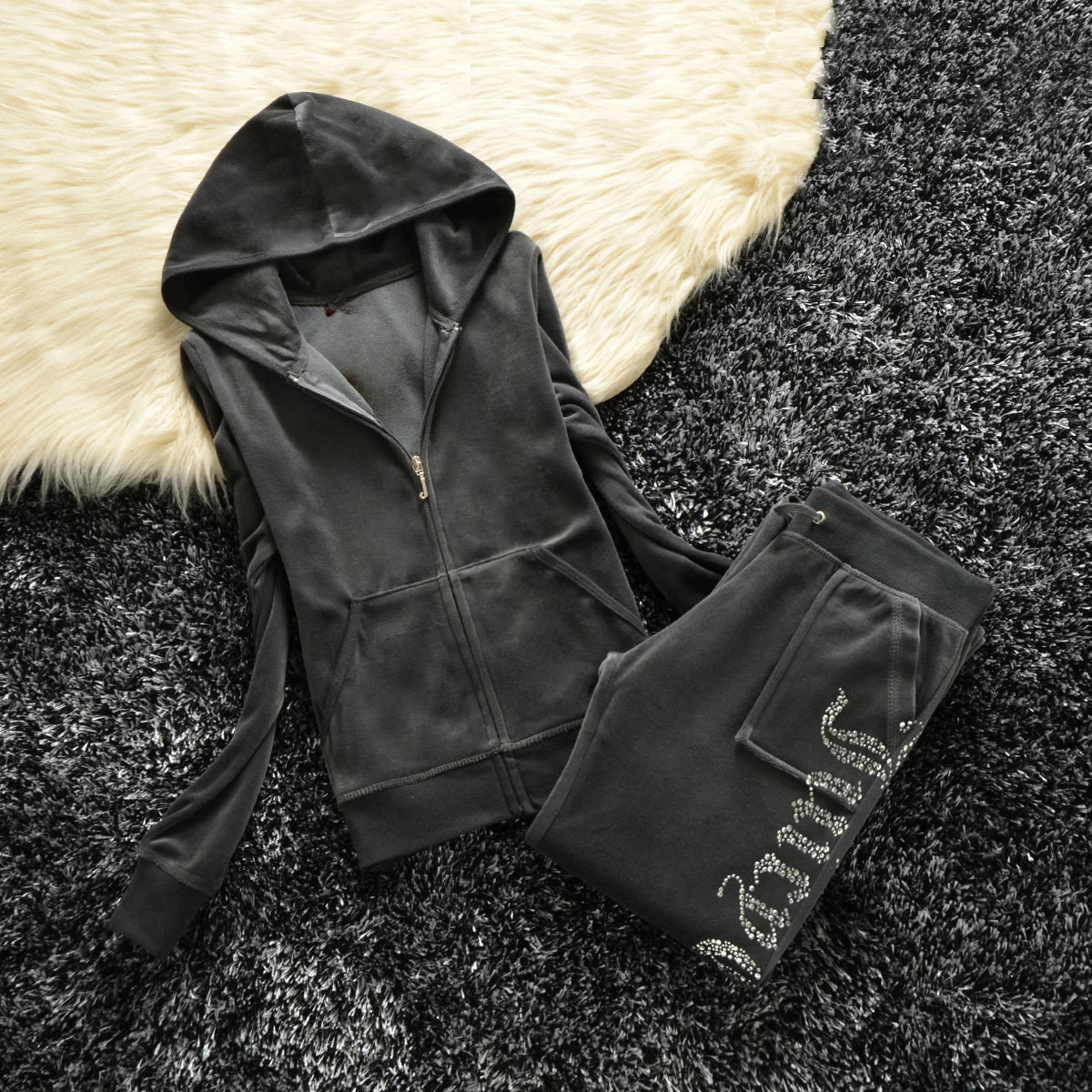 2 Pieces of Women's Outfit 2025 Fall Winter Women's Tracksuit Crystal Hoodies and Pant Sets Y2K Velvet Tracksuit